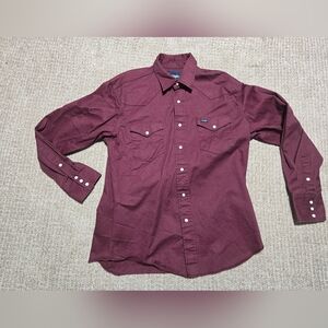 Denim Shirt Wrangler Burgundy Button Down with Pearl Snaps Size Large Vintage